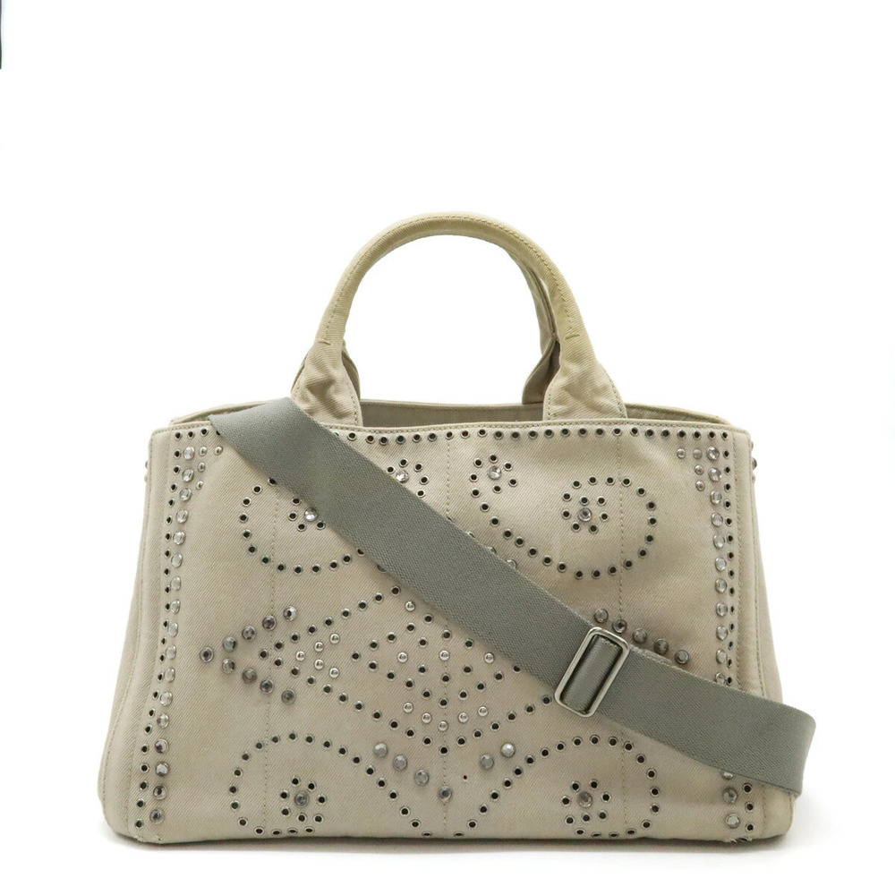 Prada Canapa Tote Bag Shoulder Canvas Rhinestones Studs Gray